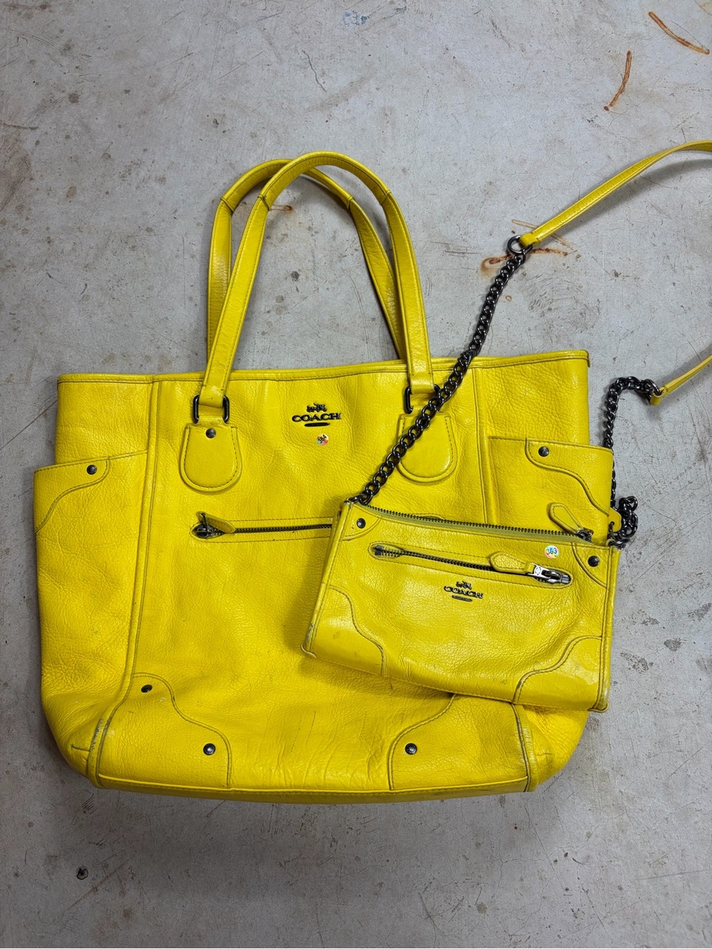 Coach Yellow Leather Tote with Removable Pouch and Chain-Accent Strap SET